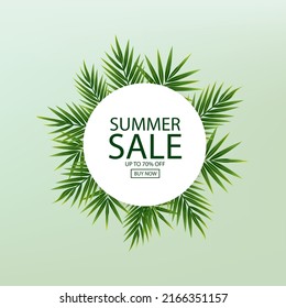 Summer sale banner background with realistic tropical leaves Vector
