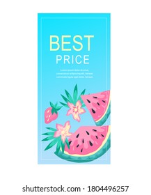 Summer sale banner background for social media stories publication with watermelon and tropical leaves. Template for social media stories and posts of summer ad, flat vector illustration.