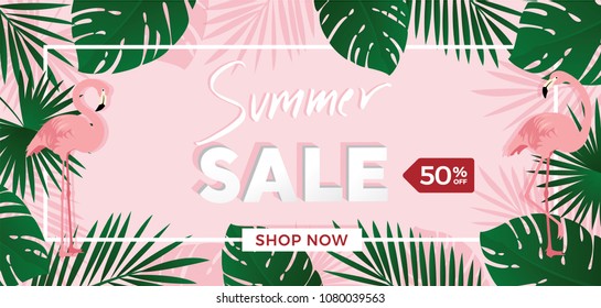 Summer sale banner background template with green leaves, Flamingos and 50 percent off sign