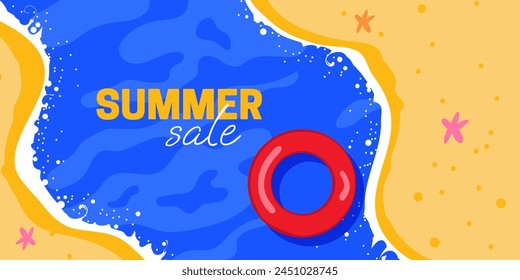 Summer sale banner background template with red float on water. Summertime holiday fun concept design. Colorful flat vector illustration