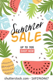 Summer sale banner. Summer background with tropical leaves fruits Tropic sale template Vertical special offer for social network