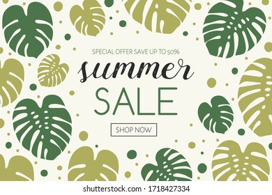 Summer Sale banner. Background with tropical jungle. Vector