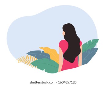Summer sale banner background vector. Abstract fluid organic shape with girl and tropical leaves and floral decoration. Exotic tropical leaf design for sale banner, flyer, invitation and website.