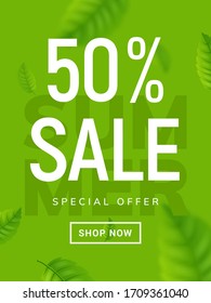 Summer sale banner background. Vector summer clearance 50 percent tropical special offer design