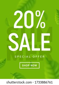 Summer sale banner background. Vector summer clearance 20 percent tropical special offer design