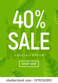 Summer sale banner background. Vector summer clearance 40 percent tropical special offer design