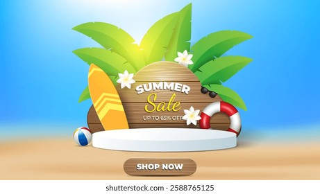 Summer sale banner background with white podium, leaves, ball, flower, surfing board, wooden board and lifebuoy.