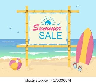 Summer sale banner. Bamboo billboard on the seaside. There is a surfboard and a ball on the side.