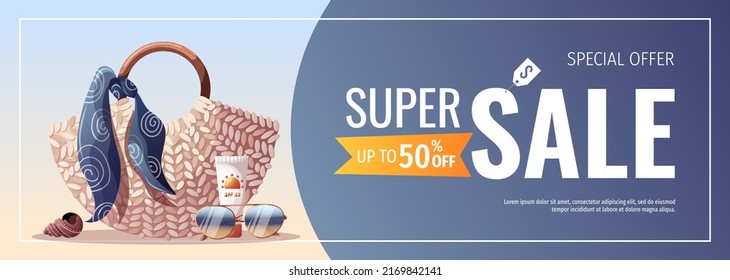 Summer sale banner. Beach bag, sunglasses, sunscreen, seashell. Vector Illustration. Banner, flyer, poster, advertising.