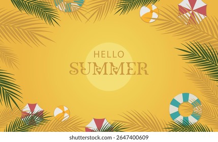 Summer Sale Banner with Beach Ball, Swim Ring, Umbrella, and Tropical Leaves – Colorful Vector for Promotion and Ads