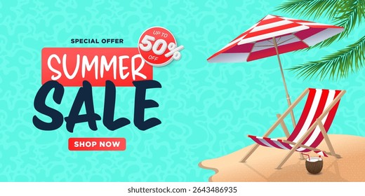 Summer Sale banner with beach chair and umbrella on sand with cocktail and palm leaves.