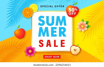 Banner de venta de verano con formas geométricas de color playa, flor trópica, frutas y hojas de palma. Diseño de afiches de descuento para promoción de ofertas especiales. Ilustración del vector