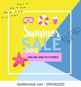 Summer Sale Banner with Beach Elements. Discount Poster Template. Hand Drawn Promotional Design for Flyer, Cover, Placard. Vector illustration