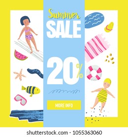 Summer Sale Banner with Beach Elements. Discount Poster Template. Hand Drawn Promotional Design for Flyer, Cover, Placard. Vector illustration