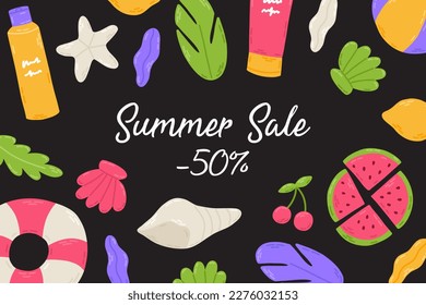 Summer sale banner with beach elements: watermelon, sunscreen, flip flops, seashell, lifebuoy, hat, cocktail, lemon. Hand drawn flat cartoon template. Vector illustration