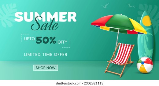 pancarta de venta de verano con elementos de playa de verano