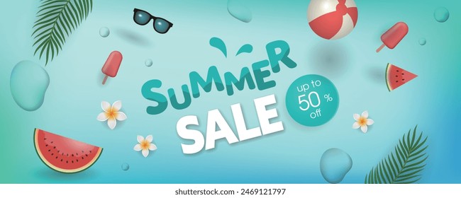 Summer Sale banner with beach elements like tropical leaves,  a beach ball, swim ring, sunglasses, watermelon, flower in blue background.