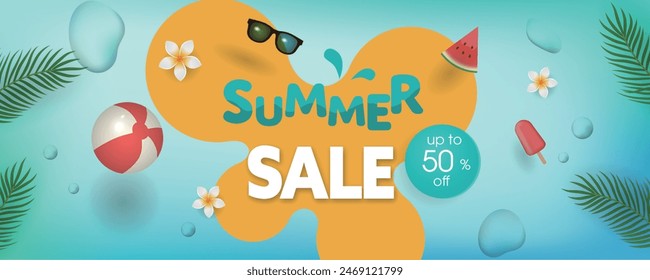 Summer Sale banner with beach elements like tropical leaves,  a beach ball, swim ring, sunglasses, watermelon, flower in blue background.