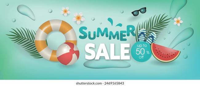 Anuncio de venta de verano con Elementos de playa como hojas tropicales, una bola de playa, anillo de natación, gafas de sol, sandía, flor en fondo azul.