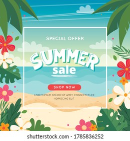 Summer sale banner with beach landscape, lettering and floral frame. Vector illustration in flat style