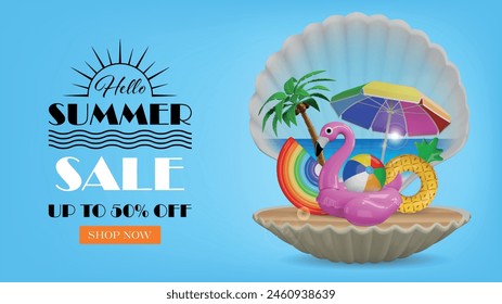 summer sale banner with beach landscape in a shell. summer banner with seashell and inflatables