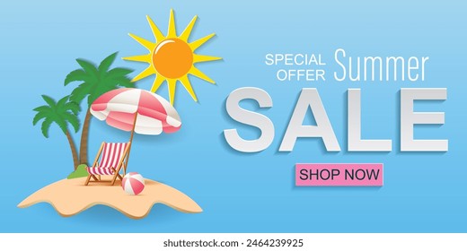 Summer Sale Banner With Beach Landscape, Beach Chair, Pink Umbrella, and Ball With Paper Cut Style