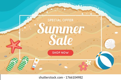 Summer sale banner with beach and sea, different beach elements. Vector illustration in flat style