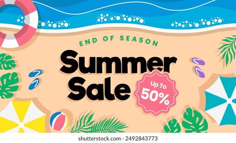 Summer sale banner with beach theme top view background illustration and the element