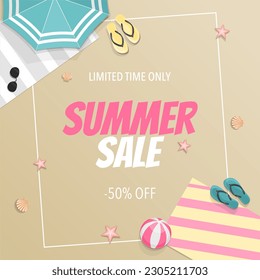 Summer sale banner with beach and umbrella, flip flops and seashells