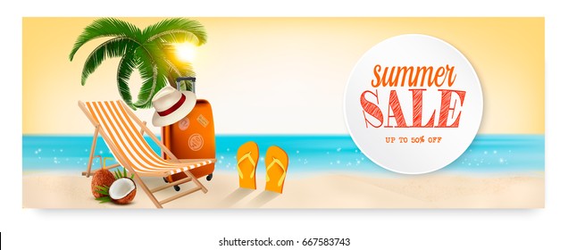 Summer sale banner with a beach vacation background. Vector.