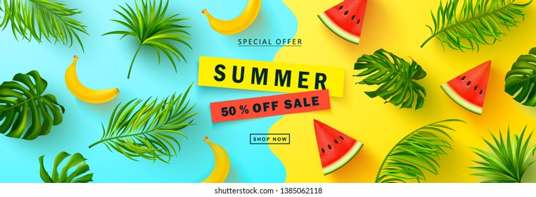 Summer Sale banner. Beautiful Background with realistic tropical leaves, banana and watermelon. Vector illustration for website, posters,ads, coupons, promotional material