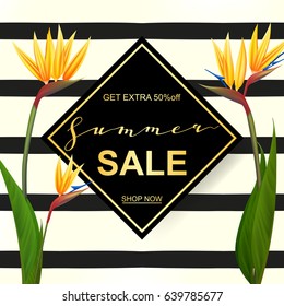 Summer sale banner with beautiful Strelitzia exotic flowers. A seasonal discount. Vector illustration EPS10