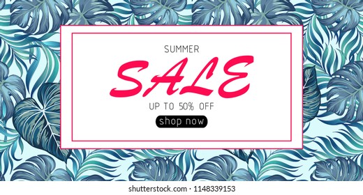 	
Summer sale banner. Beautiful vector summer background with tropical flowers, butterflyes, palm leaves, hibiscus flower. Stock vector.