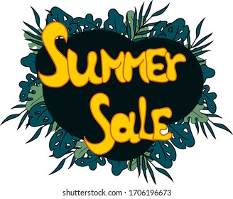 Summer sale banner  with  blue and green tropical leaves for promotion hand draw style, fashion, accessorize etc. Modern summer sale banner template. Vector illustration