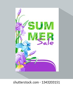 Summer sale banner with blue and purple flowers, flower iris design for banner, flyer, invitation, poster, placard, web site or greeting card. Vector illustration