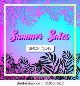 Summer sale banner with bright digital branches and leaves of tropical plants.Decorative background. Foliage frame design