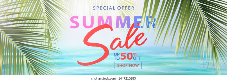Summer Sale banner. Bright sunny background with beautiful sea, sun highlights and palm leaves against the blue sky. Seasonal design for sale, discount, advertisement, web. Vector illustration