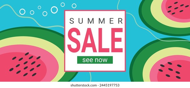 Summer sale banner. Bright sale template with abstract watermelons. Sale and discounts concept. Vector illustration. 