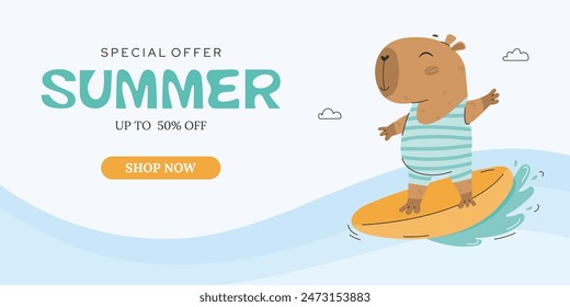 Anuncio de venta de verano con capibara surf en el mar