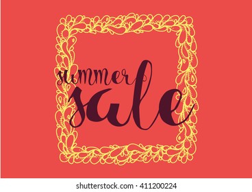 Summer sale banner. Card with calligraphy. Hand drawn lettering design. Typography for banner, poster, advertisement, print. Vector background.