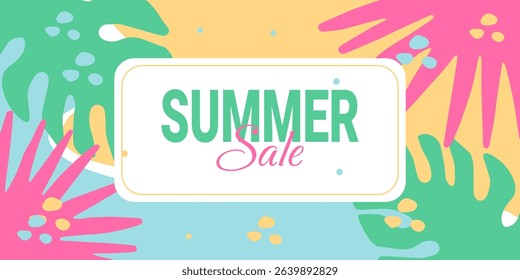 Summer sale banner. Card with tropical leaves and beach background. Vector.