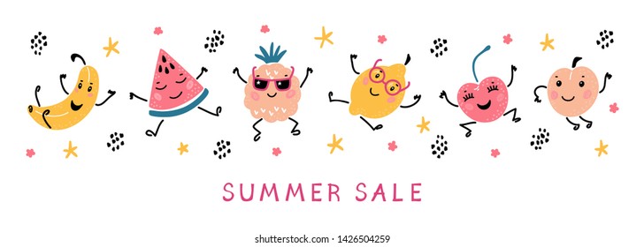 Summer Sale Banner with Cartoon Doodle Funny Cute Fruits and Berries. Vector Colorful Food  Set. Happy Kawaii Fruit icons Summer Collection