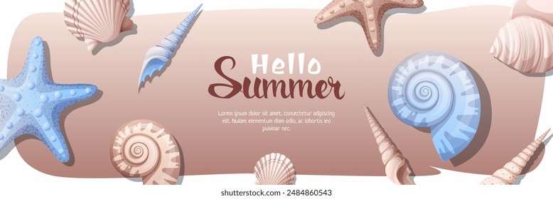 Summer sale banner with clams and seashells. Background with sea inhabitants. Starfish on the sand.