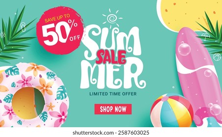 Summer sale banner clipart background design. Summer sale text clip art in blue abstract background for holiday season 50% off limited discount with inflatable floaters, surfboard and beach ball 