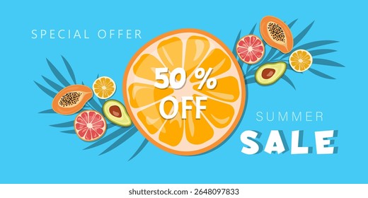 Summer sale banner clipart on blue background design. Summer sale special offer 50% off discount for holiday season template with tropical leaves and fruits 