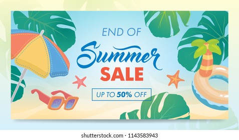 Summer sale banner with colorful beach elements. Vector illustration