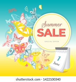 Summer sale banner with colorful butterflies flying from calendar on colorful background. Vector illustration.