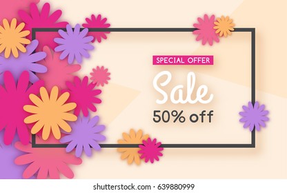 Summer sale banner with colorful cut paper flower and square frame. Chamomile background. Floral greeting card. Space for text. Vector Illustration design.