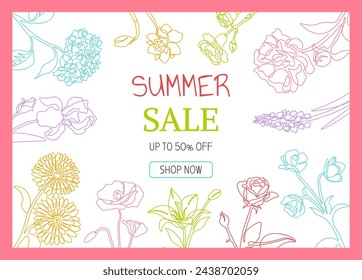 Summer sale banner. Colorful line flowers, outline flowers, seasonal discount flyer design. Garden bouquet advertising. Spring botanical elements isolated on white background. Vector illustration