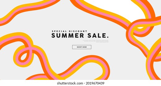 Summer sale banner of colorful retro rainbow business template with pastel color pink stripe and copy space on isolated background. Seasonal online store advertisement card or social media post.